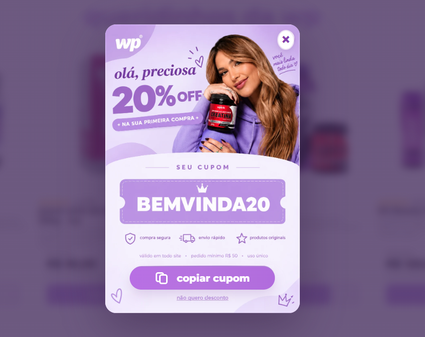Olá, preciosa — 20% OFF na sua primeira compra com o cupom BEMVINDA20